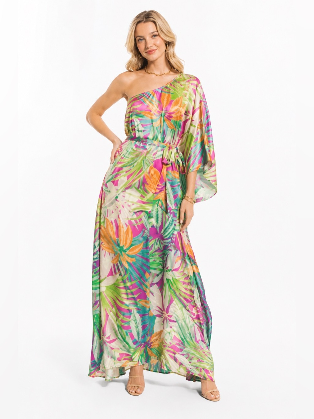 Flying Tomato Size Small Oversized Tropical One-Shoulder Maxi Flowy Dress